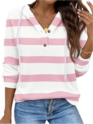 SweatyRocks Women's Striped Button Front Hoodie Sweatshirts Long Sleeve Drawstring Pullover Tops in Saudi Arabia