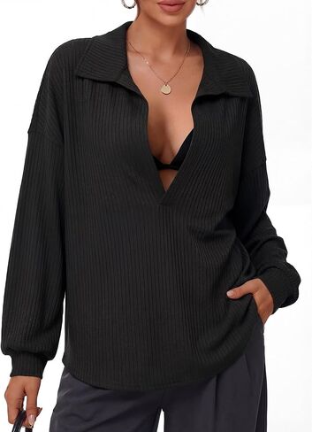 Mepase Women Oversized Deep V Neck Sweatshirt 2026 Spring Casual Ribbed Knit Pullover Long Sleeve Collared Sexy Trendy Top in Saudi Arabia