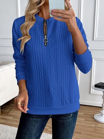 Chic Women's Half-Zip Pullover Sweatshirt - Elegant Solid Color, Long Sleeve with Textured Cable Knit in Saudi Arabia