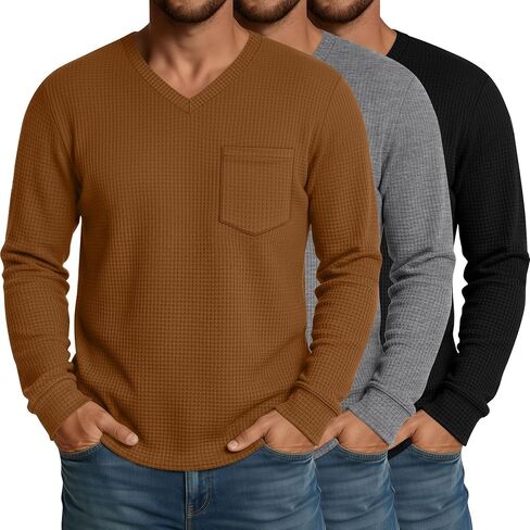 Neer 3 Pack قمصان رجالية كبيرة وطويلة الوافل بأكمام طويلة ورقبة على شكل V بلوفر ملابس داخلية قمصان داخلية أساسية مع جيب in Saudi Arabia