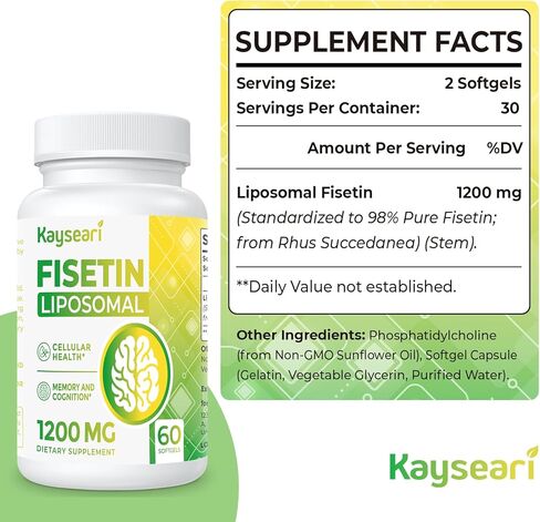 Kayseari Fisetin 1200mg Liposomal Fisetin Supplements 98% Pure Fisetin Polyphenols Antioxidants Immunity Health Aging Cognitive Support Non-GMO 120 Capsules in Saudi Arabia