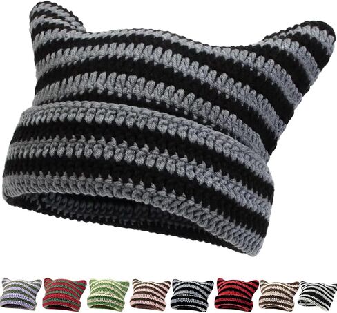 Cat Ear Beanie for Women, Crochet Knit Cat Hat, Soft Slouchy Grunge-Style Beanie for Casual Wear in Kuwait