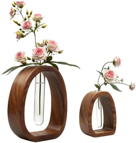 مزهرية أنبوب اختبار زجاجية بإطار من الخشب الصلب - ديكور نباتات مائية لمكتب الجوز مناسب لتحسين بيئة المنزل والمكتب (قطعتان) in Kuwait