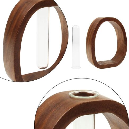 مزهرية أنبوب اختبار زجاجية بإطار من الخشب الصلب - ديكور نباتات مائية لمكتب الجوز مناسب لتحسين بيئة المنزل والمكتب (قطعتان) in Kuwait