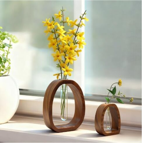 مزهرية أنبوب اختبار زجاجية بإطار من الخشب الصلب - ديكور نباتات مائية لمكتب الجوز مناسب لتحسين بيئة المنزل والمكتب (قطعتان) in Kuwait