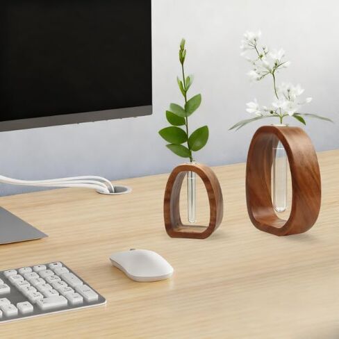 مزهرية أنبوب اختبار زجاجية بإطار من الخشب الصلب - ديكور نباتات مائية لمكتب الجوز مناسب لتحسين بيئة المنزل والمكتب (قطعتان) in Kuwait