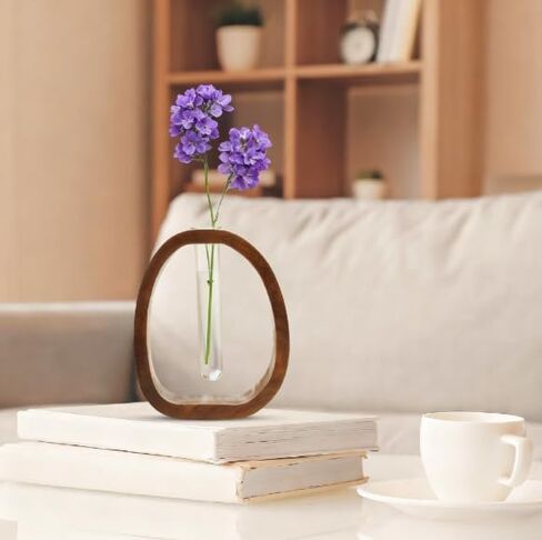 مزهرية أنبوب اختبار زجاجية بإطار من الخشب الصلب - ديكور نباتات مائية لمكتب الجوز مناسب لتحسين بيئة المنزل والمكتب (قطعتان) in Kuwait