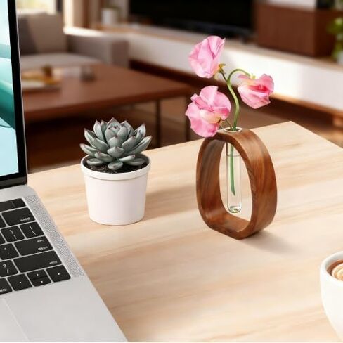 مزهرية أنبوب اختبار زجاجية بإطار من الخشب الصلب - ديكور نباتات مائية لمكتب الجوز مناسب لتحسين بيئة المنزل والمكتب (قطعتان) in Kuwait