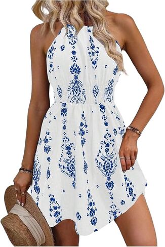 SOLY HUX Women's Floral Halter Mini Dress Boho Sleeveless Flowy Beach Vacation Sundress in Saudi Arabia