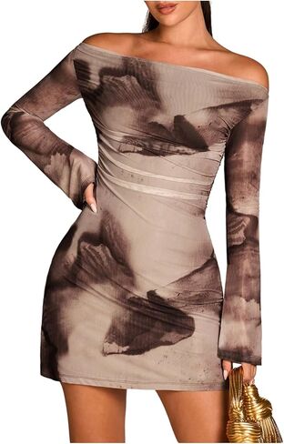 SHENHE Women's Off The Shoulder Mini Dress Long Sleeve Tie Dye Mesh Bodycon Evening Dress in Saudi Arabia