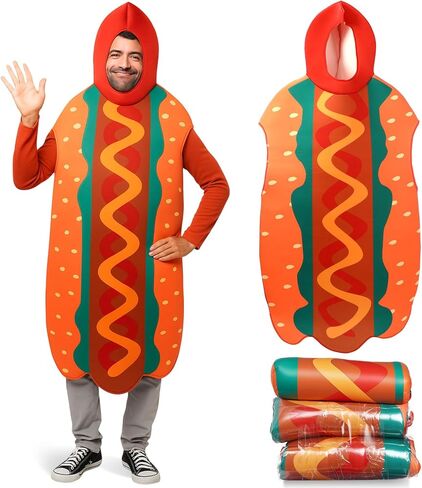 Mepase 3 Sets Halloween Hot Dog Costume for Adults Funny Footlong Sausage Suit Unisex Food Outfit for Men Women Adults in Saudi Arabia
