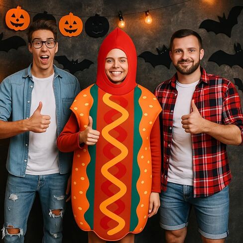 Mepase 3 Sets Halloween Hot Dog Costume for Adults Funny Footlong Sausage Suit Unisex Food Outfit for Men Women Adults in Saudi Arabia