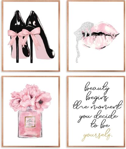 Qabliqo Pink Fashion Wall Art, Pink and Black Bathroom Decor Wall Art Prints Set of 4, Inspirational Women Wall Art Decor for Girls Women Bedroom Bathroom Beauty Room, 8x10 Inches Unframed in Saudi Arabia