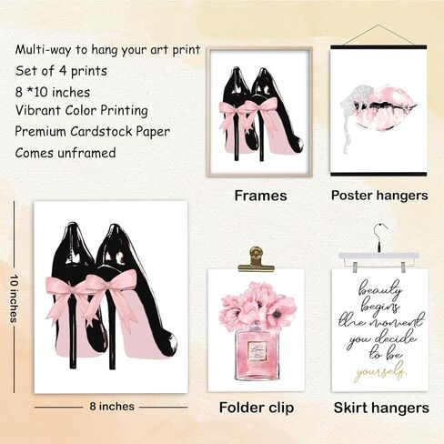 Qabliqo Pink Fashion Wall Art, Pink and Black Bathroom Decor Wall Art Prints Set of 4, Inspirational Women Wall Art Decor for Girls Women Bedroom Bathroom Beauty Room, 8x10 Inches Unframed in Saudi Arabia