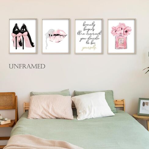 Qabliqo Pink Fashion Wall Art, Pink and Black Bathroom Decor Wall Art Prints Set of 4, Inspirational Women Wall Art Decor for Girls Women Bedroom Bathroom Beauty Room, 8x10 Inches Unframed in Saudi Arabia