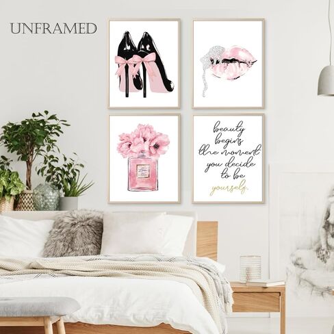 Qabliqo Pink Fashion Wall Art, Pink and Black Bathroom Decor Wall Art Prints Set of 4, Inspirational Women Wall Art Decor for Girls Women Bedroom Bathroom Beauty Room, 8x10 Inches Unframed in Saudi Arabia