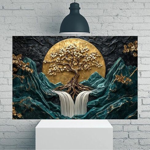 Golden Tree Waterfall Mountains Vintage Rustic Canvas Wall Art - 12x18in Unframed Poster- Home & Office Decor for Living Room, Bedroom, Kitchen & Cafe in Saudi Arabia