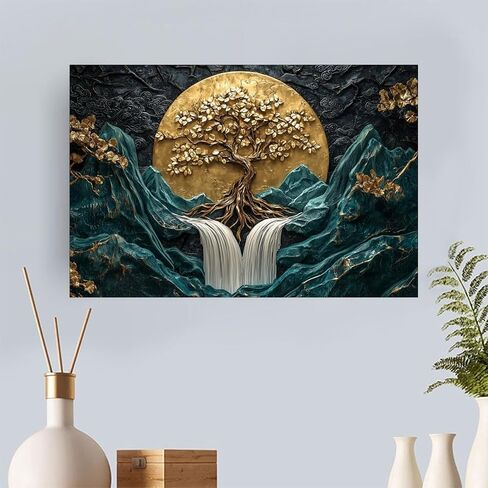 Golden Tree Waterfall Mountains Vintage Rustic Canvas Wall Art - 12x18in Unframed Poster- Home & Office Decor for Living Room, Bedroom, Kitchen & Cafe in Saudi Arabia