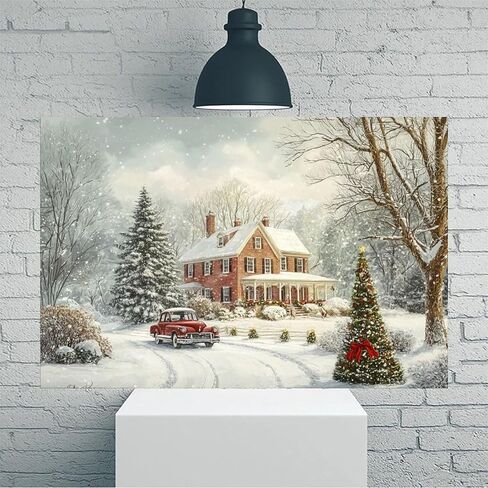 Snowy House Red Car Christmas Tree Vintage Rustic Canvas Wall Art - 12x18in Unframed Poster- Idea Gift For Home & Office Decor for Living Room, Bedroom, Kitchen & Cafe in Saudi Arabia