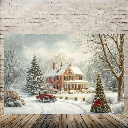 Snowy House Red Car Christmas Tree Vintage Rustic Canvas Wall Art - 12x18in Unframed Poster- Idea Gift For Home & Office Decor for Living Room, Bedroom, Kitchen & Cafe in Saudi Arabia