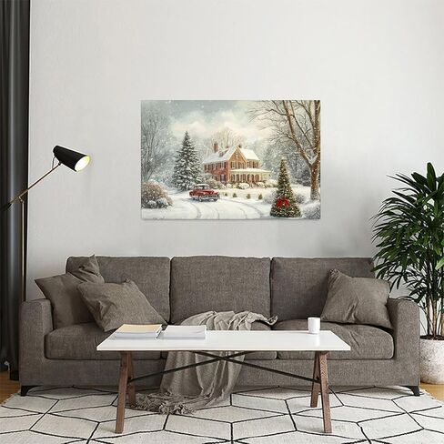 Snowy House Red Car Christmas Tree Vintage Rustic Canvas Wall Art - 12x18in Unframed Poster- Idea Gift For Home & Office Decor for Living Room, Bedroom, Kitchen & Cafe in Saudi Arabia