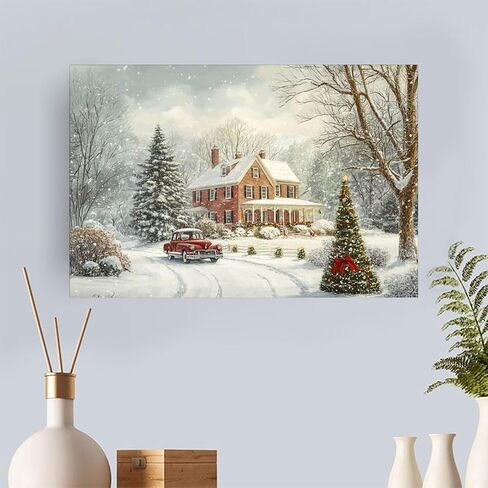 Snowy House Red Car Christmas Tree Vintage Rustic Canvas Wall Art - 12x18in Unframed Poster- Idea Gift For Home & Office Decor for Living Room, Bedroom, Kitchen & Cafe in Saudi Arabia