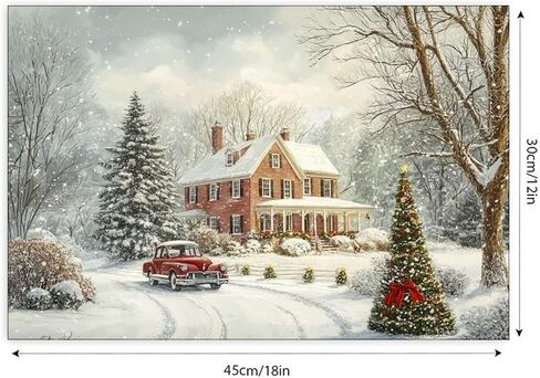 Snowy House Red Car Christmas Tree Vintage Rustic Canvas Wall Art - 12x18in Unframed Poster- Idea Gift For Home & Office Decor for Living Room, Bedroom, Kitchen & Cafe in Saudi Arabia