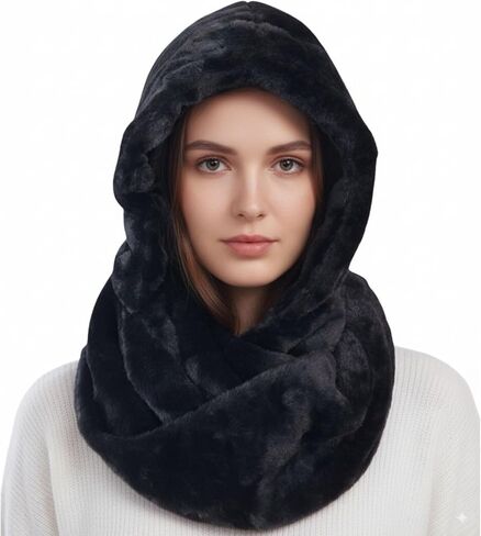 FHQHTH Women's Faux Fur Snood Hat Infinity Scarf Winter Balaclava Hood Neck Warmer Faux Fur Beanie in Saudi Arabia