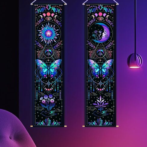 WEBEEDY 2 Pcs Colorful Butterflies UV Reactive Tapestry Sun and Moon Vertical Tapestry Aesthetic Wall Hanging Decor Long Aesthetic Tapestries for Bedroom Home Halloween Wall Art Decoration Gift, 13x51'' in Saudi Arabia