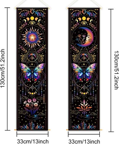 WEBEEDY 2 Pcs Colorful Butterflies UV Reactive Tapestry Sun and Moon Vertical Tapestry Aesthetic Wall Hanging Decor Long Aesthetic Tapestries for Bedroom Home Halloween Wall Art Decoration Gift, 13x51'' in Saudi Arabia