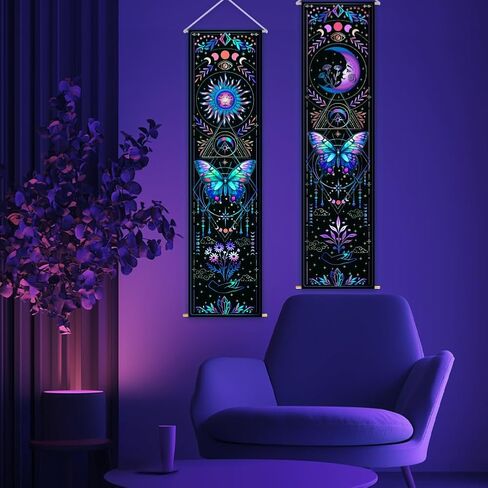 WEBEEDY 2 Pcs Colorful Butterflies UV Reactive Tapestry Sun and Moon Vertical Tapestry Aesthetic Wall Hanging Decor Long Aesthetic Tapestries for Bedroom Home Halloween Wall Art Decoration Gift, 13x51'' in Saudi Arabia
