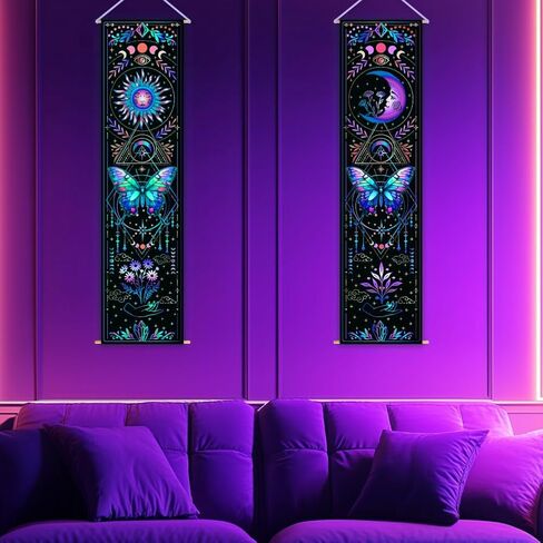 WEBEEDY 2 Pcs Colorful Butterflies UV Reactive Tapestry Sun and Moon Vertical Tapestry Aesthetic Wall Hanging Decor Long Aesthetic Tapestries for Bedroom Home Halloween Wall Art Decoration Gift, 13x51'' in Saudi Arabia