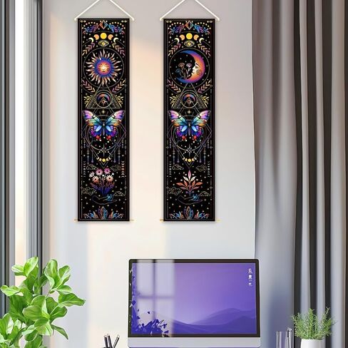 WEBEEDY 2 Pcs Colorful Butterflies UV Reactive Tapestry Sun and Moon Vertical Tapestry Aesthetic Wall Hanging Decor Long Aesthetic Tapestries for Bedroom Home Halloween Wall Art Decoration Gift, 13x51'' in Saudi Arabia
