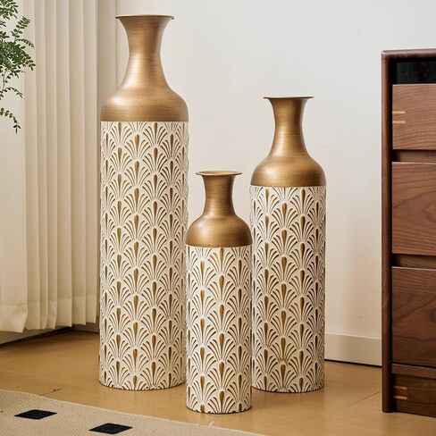 Decorative Metal Floor Vases, White and Gold, Art Deco Pattern, 3-Piece Set, Cylindrical Shape in Saudi Arabia