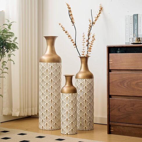Decorative Metal Floor Vases, White and Gold, Art Deco Pattern, 3-Piece Set, Cylindrical Shape in Saudi Arabia