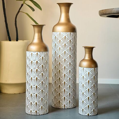 Decorative Metal Floor Vases, White and Gold, Art Deco Pattern, 3-Piece Set, Cylindrical Shape in Saudi Arabia