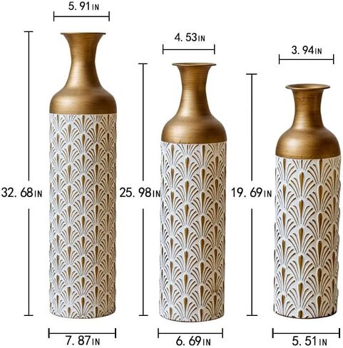 Decorative Metal Floor Vases, White and Gold, Art Deco Pattern, 3-Piece Set, Cylindrical Shape in Saudi Arabia