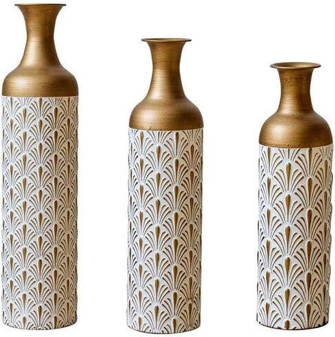 Decorative Metal Floor Vases, White and Gold, Art Deco Pattern, 3-Piece Set, Cylindrical Shape in Saudi Arabia
