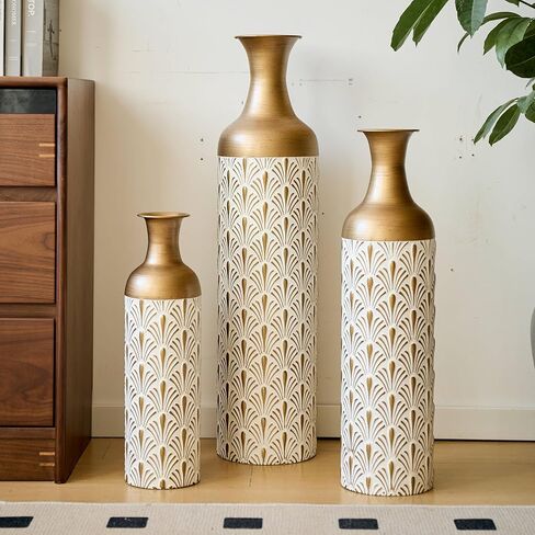 Decorative Metal Floor Vases, White and Gold, Art Deco Pattern, 3-Piece Set, Cylindrical Shape in Saudi Arabia