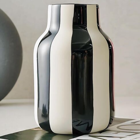 Black and White Striped Ceramic Vase, 9.2-inch Large Size and Large Diameter Decorative vases, Suitable for Windowsills Living Rooms Kitchens and Wine Cabinets in Saudi Arabia