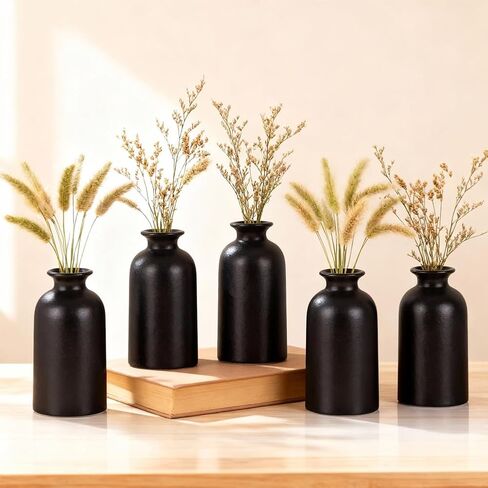 Black Ceramic Bud Vases Set of 6 – 5in Small Vases for Dry Flowers or House Plants, Modern Boho Decorative Vases for Wedding, Home, Table Centerpieces, Mantel or Office Decor in Saudi Arabia