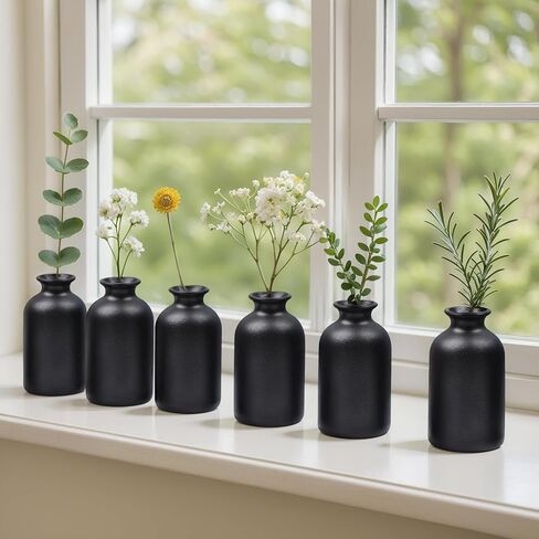 Black Ceramic Bud Vases Set of 6 – 5in Small Vases for Dry Flowers or House Plants, Modern Boho Decorative Vases for Wedding, Home, Table Centerpieces, Mantel or Office Decor in Saudi Arabia