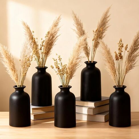 Black Ceramic Bud Vases Set of 6 – 5in Small Vases for Dry Flowers or House Plants, Modern Boho Decorative Vases for Wedding, Home, Table Centerpieces, Mantel or Office Decor in Saudi Arabia