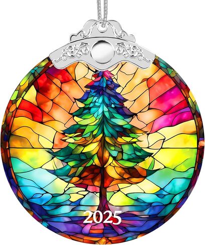 2025 Christmas Ornaments, Christmas Tree Ornaments Acrylic, Faux Stained Glass Effect White Elephant Gifts Exchange, Unique Suncatcher Xmas Stocking Stuffers for Women, Men (Tree) in Saudi Arabia