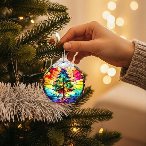 2025 Christmas Ornaments, Christmas Tree Ornaments Acrylic, Faux Stained Glass Effect White Elephant Gifts Exchange, Unique Suncatcher Xmas Stocking Stuffers for Women, Men (Tree) in Saudi Arabia