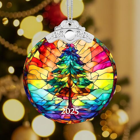 2025 Christmas Ornaments, Christmas Tree Ornaments Acrylic, Faux Stained Glass Effect White Elephant Gifts Exchange, Unique Suncatcher Xmas Stocking Stuffers for Women, Men (Tree) in Saudi Arabia