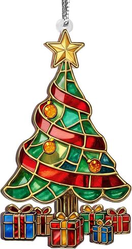2025 Christmas Ornaments, Christmas Tree Ornaments Acrylic, Faux Stained Glass Effect White Elephant Gifts Exchange, Unique Suncatcher Xmas Stocking Stuffers for Women, Men (Tree) in Saudi Arabia