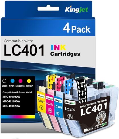 Kingjet متوافق مع خراطيش الحبر Brother LC401 البديلة لطابعة LC401XL LC401 LC401 XL لطابعة Brother MFC-J1010DW MFC-J1170DW MFC-J1012DW، 4 عبوات (أسود/سماوي/أرجواني/أصفر) in Kuwait