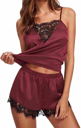 Women's Satin Lace Camisole And Shorts Pajama Set, 2-Piece Loungewear With Elastic Waist & Adjustable Straps in Saudi Arabia