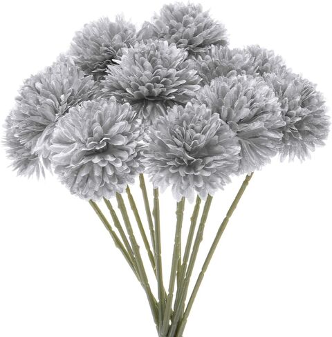 M METERXITY 12-Pack Artificial Chrysanthemum Ball Flowers, 11 Inch Faux Chrysanthemum Silk Bouquets Real Touch Faux Flowers for Home/Wedding/Christmas/Party[Silver] in Saudi Arabia
